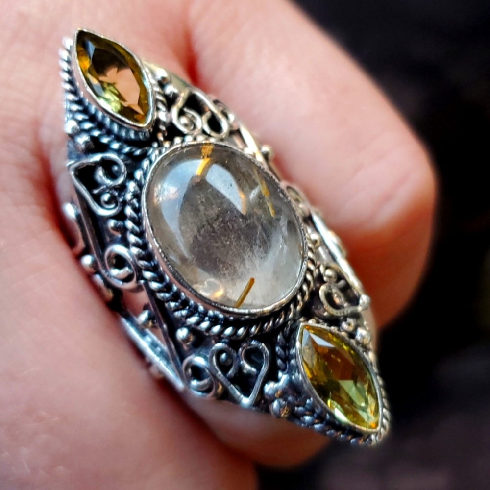 New Golden Rutile and Citrine 925 Silver Statement Ring.